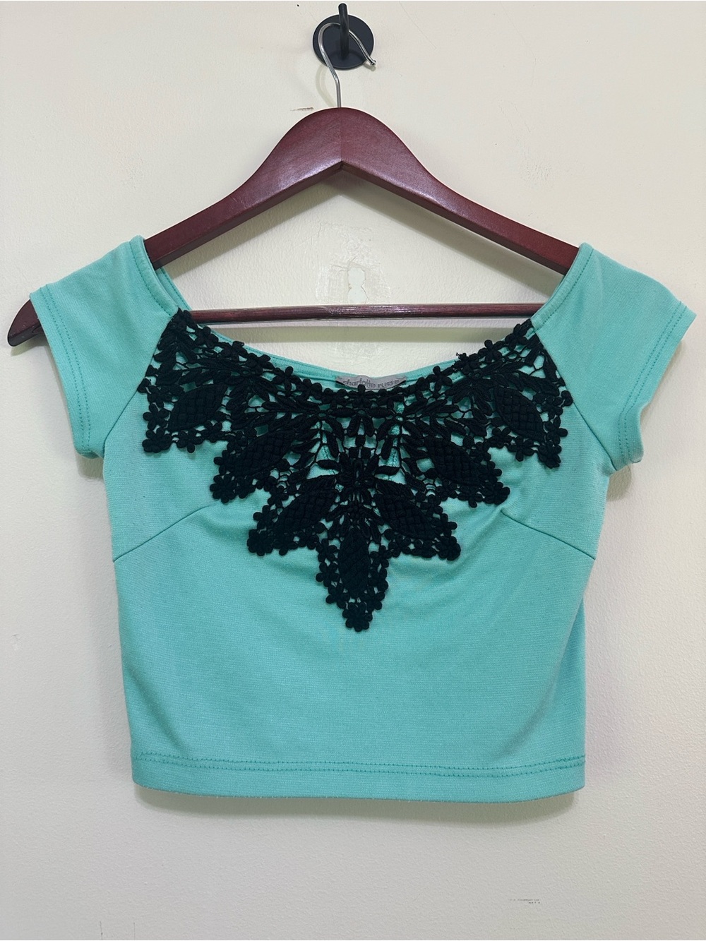 Charlotte Russe Mint Crop Top with Black Crochet Detail